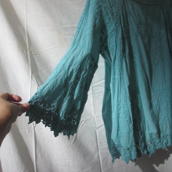 Tunic Top Blouse Size L LARGE Gauzy Cotton Crochet Hem Embroidered - Picture 9 of 12